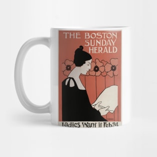 The Boston Sunday Herald vintage poster of a woman reading a newspaper in art nouveau style, by Ethel Reed. Mug